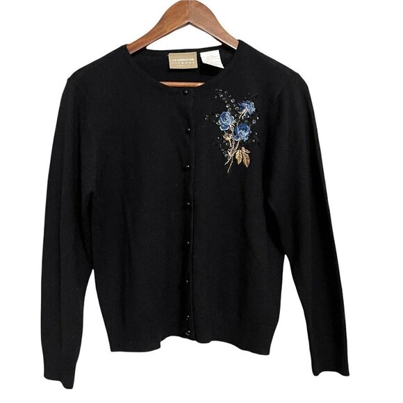 Vintage Women's Black Lambs Wool Floral Rose Embroidered Sequin Cardigan Small P - Picture 1 of 6